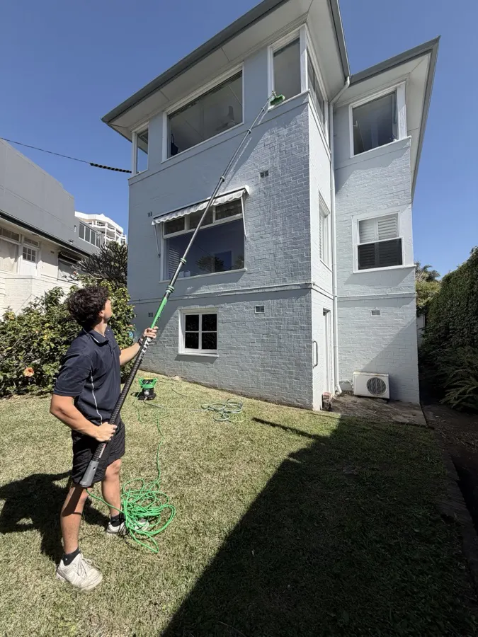 Water fed pole cleaning